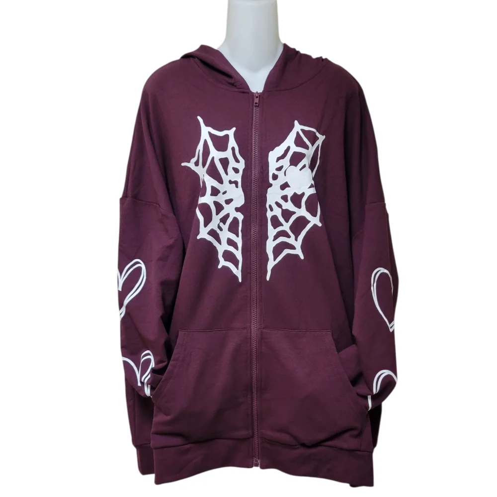 Oversized Y2K Zip Up Gothic Spider Web Heart Graphic Sweatshirt Hoodie - NWOT